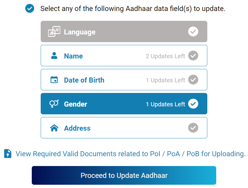 Gender change / correction in AADHAAR online; select option.